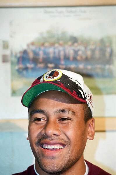 All Blacks rugby player Jonah Lomu during a press conference, while on a visit to Blaina