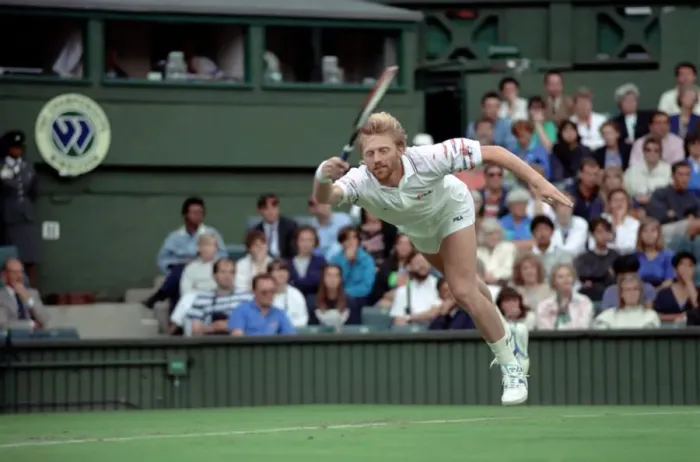 Framed Print : All England Lawn Tennis Championships at Wimbledon. Boris Becker in action against Omar