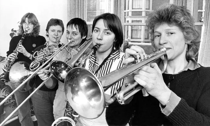 Framed Print : The all woman band Burning Brass on February 2, 1982. Left to right: Judy Cowgill