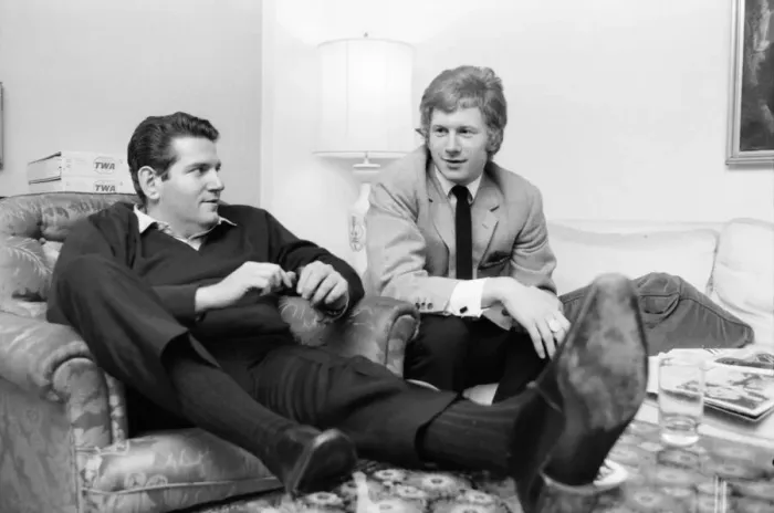 Framed Print : Allen Klein (left) and Andrew Loog Oldham meeting in London Framed Print : Allen Klein (left) and Andrew Loog Oldham meeting in London