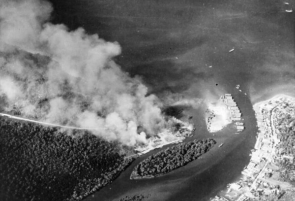 Allied bombing raid against Japanese shipping in Chumphon, Thailand. February 1945