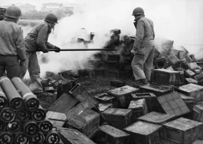 Framed Print : Allied soldiers of the Fifth Army fight to extinguish flames in an ammunition dump in Framed Print : Allied soldiers of the Fifth Army fight to extinguish flames in an ammunition dump in