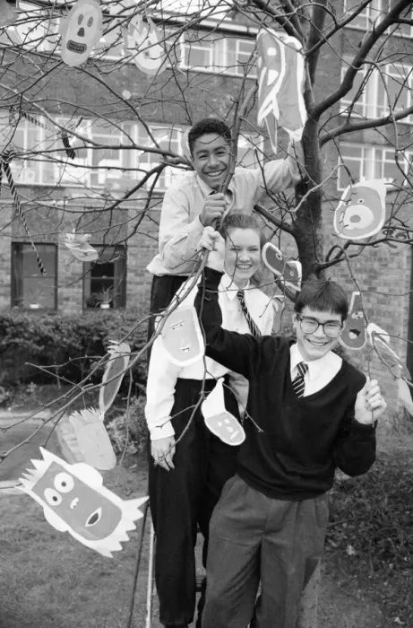 Framed Print : Almondbury High School pupils dress almond tree as part of GCSE art for National Tree Framed Print : Almondbury High School pupils dress almond tree as part of GCSE art for National Tree