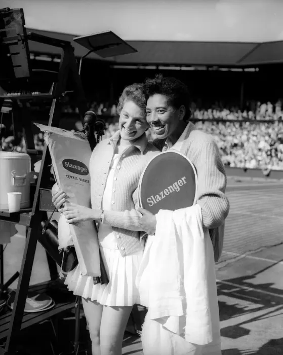 Framed Print : Althea Gibson and Angela Buxton as doubles partners before a match at Wimbledon1956