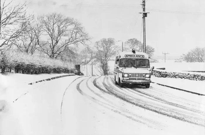 Framed Print : An ambulance speeds to an emergency call-out on the Greenside to Chopwell Road in Framed Print : An ambulance speeds to an emergency call-out on the Greenside to Chopwell Road in