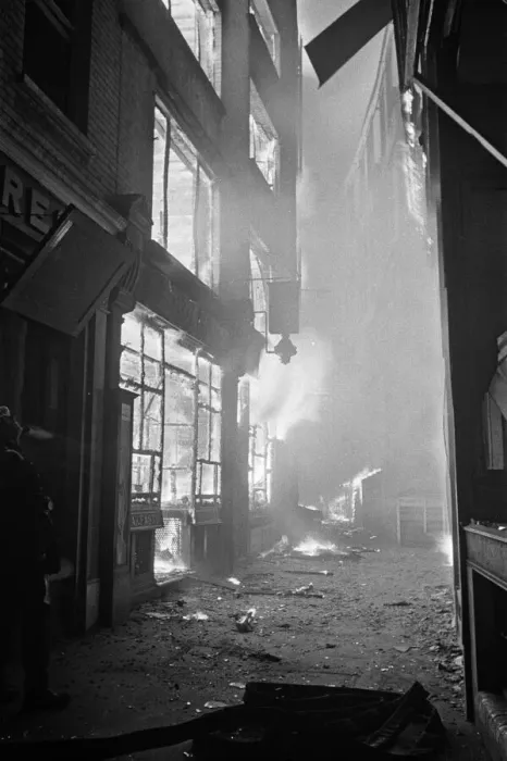 Framed Print : Amen Corner shops blaze furiously as nine thousand incendiary bombs fall on the city of Framed Print : Amen Corner shops blaze furiously as nine thousand incendiary bombs fall on the city of