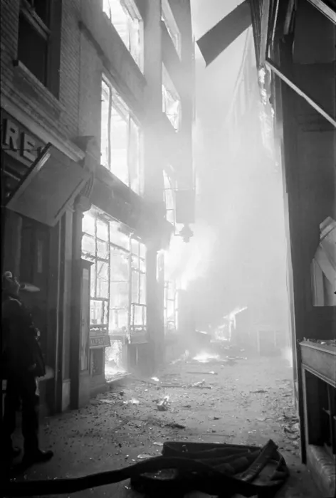 Framed Print : Amen Court Shops Blaze furiously from High Explosive during the 2nd Fire of London Framed Print : Amen Court Shops Blaze furiously from High Explosive during the 2nd Fire of London