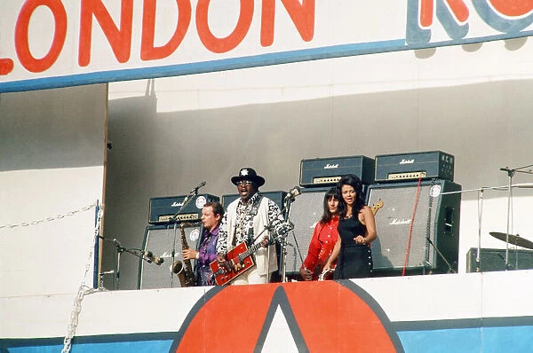 American blues musician Bo Diddley performing in concert during a Rock