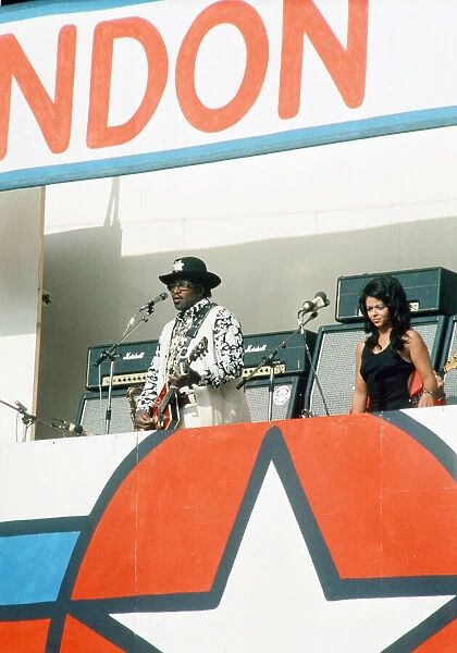 American blues musician Bo Diddley performing in concert during a Rock