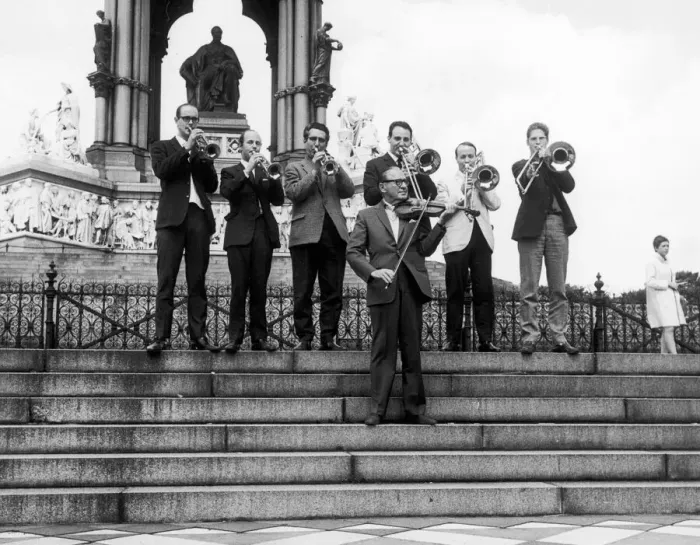 Framed Print : American comedian Jack Benny seeh here tuning up outside the Royal Albert Hall with
