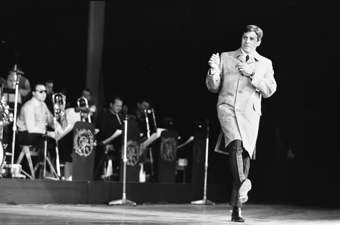Framed Print : American comedian Jerry Lewis performs on stage during rehearsals for the Royal Variery