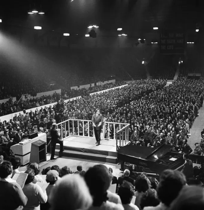 Framed Print : American evangelist Billy Graham speaks to the crowd at the Harringay Arena in North