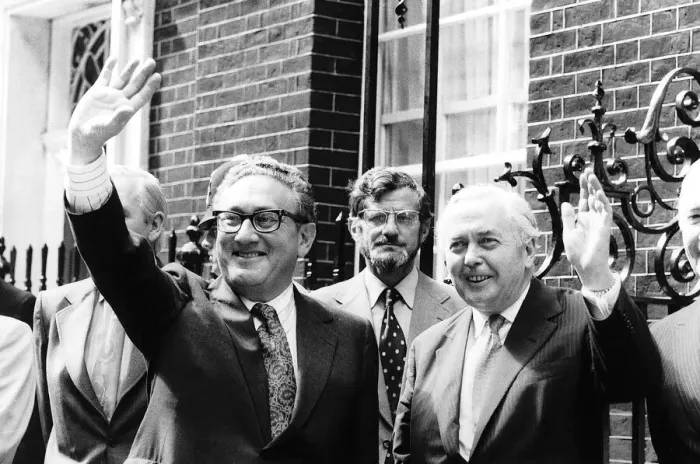 Framed Print : American peace maker Dr Henry Kissinger (left) seen here after flying into London Framed Print : American peace maker Dr Henry Kissinger (left) seen here after flying into London