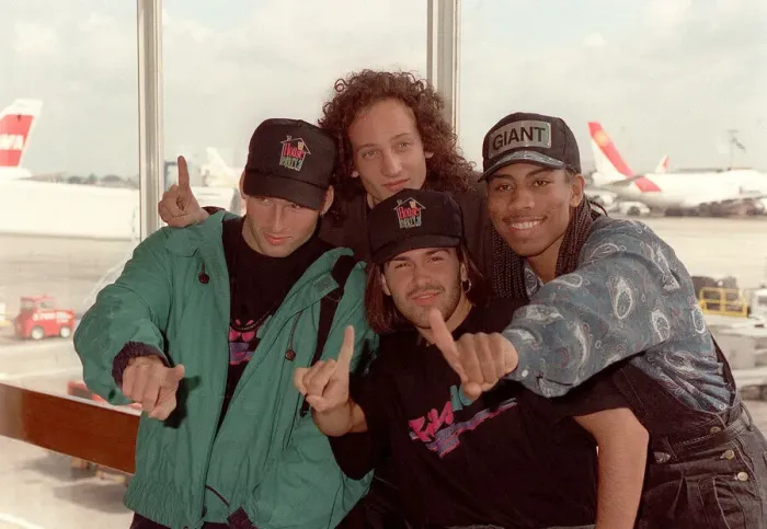 Framed Print : American Pop band Color Me Badd at London airport. Color Me Badd had a UK Number Framed Print : American Pop band Color Me Badd at London airport. Color Me Badd had a UK Number