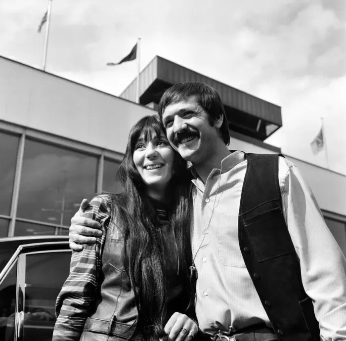 Framed Print : American pop singers Sonny and Cher on arrival at Heathrow Airport. 5th April 1969