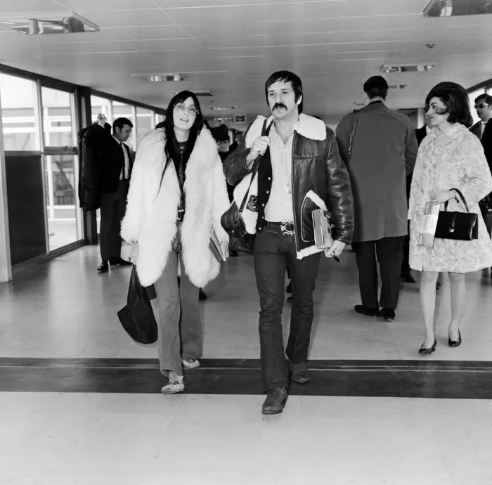 Framed Print : American pop singers Sonny and Cher on arrival at Heathrow Airport. 5th April 1969 Framed Print : American pop singers Sonny and Cher on arrival at Heathrow Airport. 5th April 1969