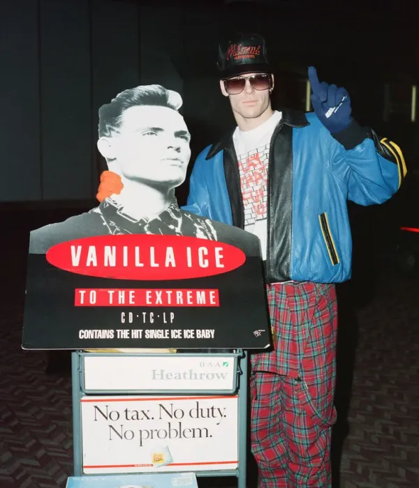 Framed Print : American rapper Vanilla Ice at tHeathrow Airport with a cardboard cut out of himself to