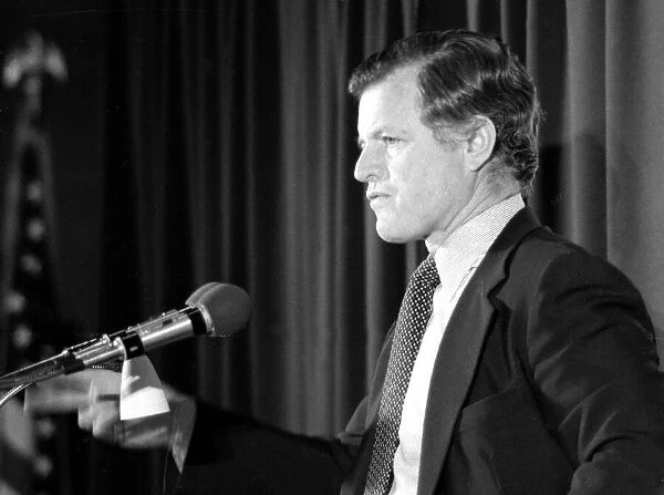 American senator Edward Kennedy speaking to the press during his campaign for