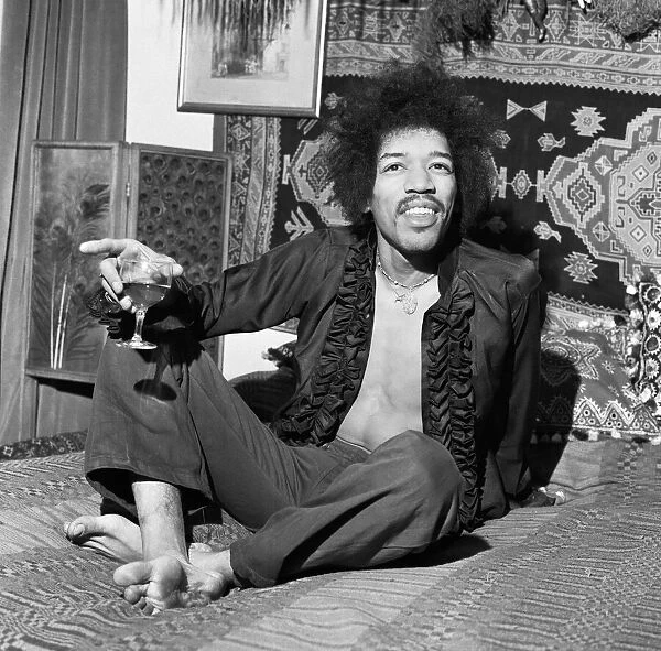 American singer and guitarist Jimi Hendrix pictured at his flat in Mayfair, London