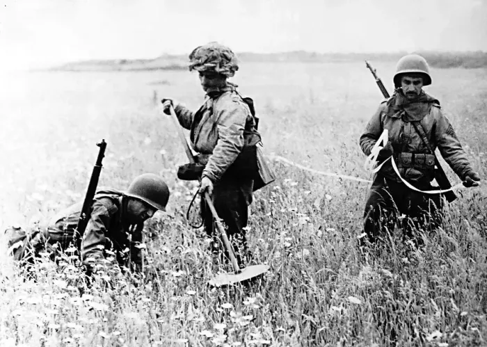 Framed Print : American soldiers searching a field in Northern France for landmines Framed Print : American soldiers searching a field in Northern France for landmines