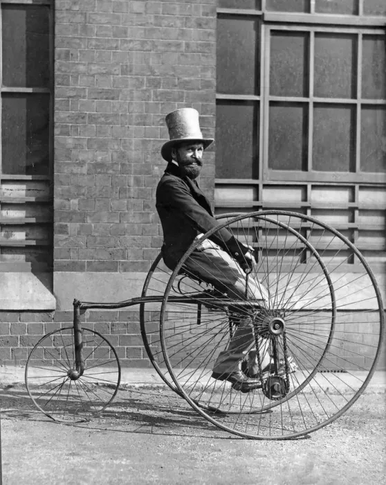 Framed Print : An ancient tricycle built by B. S. A. in 1882, which appeared in the parade of ancient