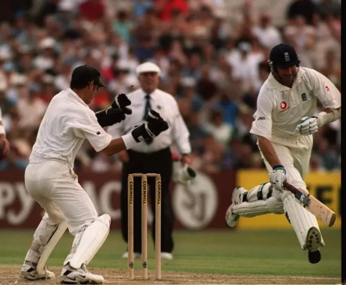Framed Print : Andy Caddick is run out in Aug 99, in the England v New Zealand cricket match Framed Print : Andy Caddick is run out in Aug 99, in the England v New Zealand cricket match