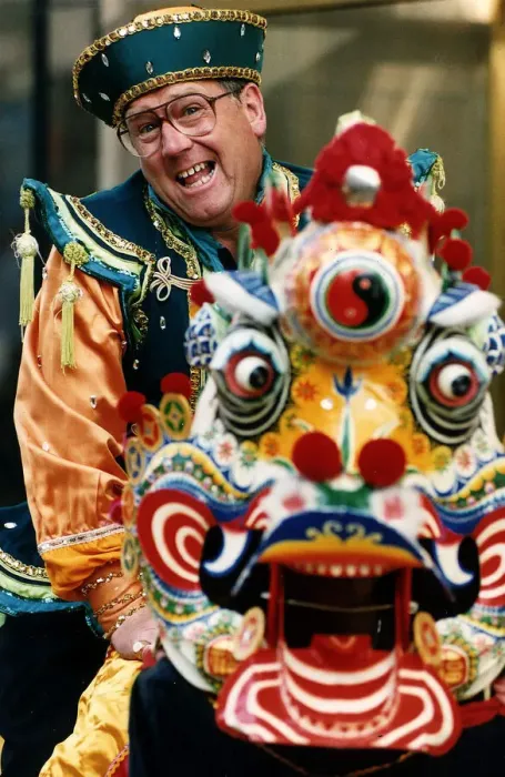 Framed Print : Andy Cameron comedian in traditional Chinese costume dragon mask star of The Adventures Framed Print : Andy Cameron comedian in traditional Chinese costume dragon mask star of The Adventures