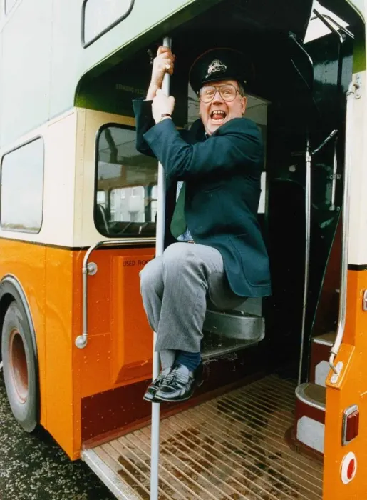 Framed Print : Andy Cameron having fun on a double decker bus March 1993 Framed Print : Andy Cameron having fun on a double decker bus March 1993