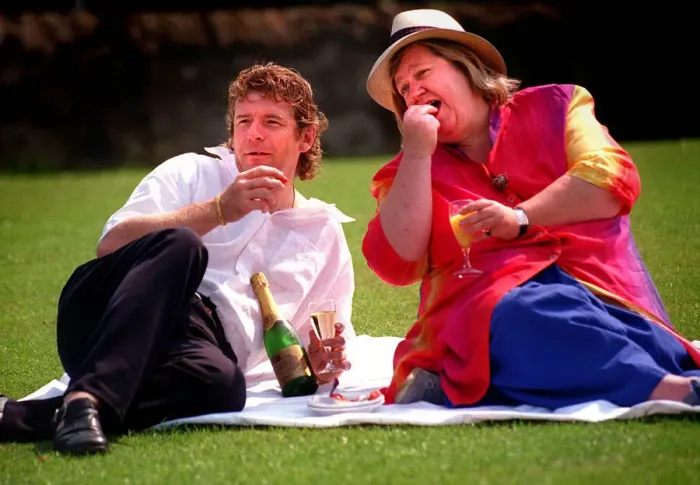 Framed Print : Andy Goram Clarissa Dickson Wright enjoying champagne picnic August 1999 watching Framed Print : Andy Goram Clarissa Dickson Wright enjoying champagne picnic August 1999 watching