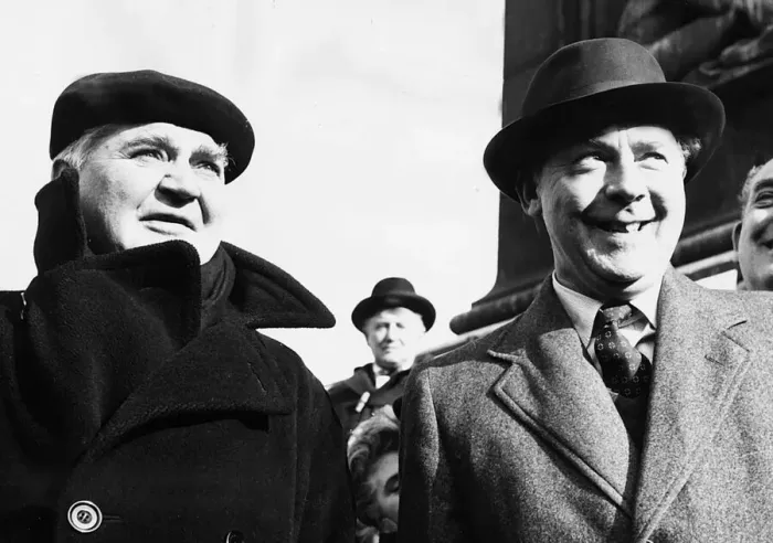 Framed Print : Aneurin Bevan (L) and Hugh Gaitskell Labour MPs 1958. On platform Framed Print : Aneurin Bevan (L) and Hugh Gaitskell Labour MPs 1958. On platform