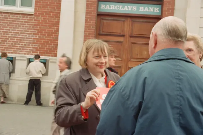 Framed Print : Angela Eagle campaigning in Liverpool, April 1997. Both Angela Framed Print : Angela Eagle campaigning in Liverpool, April 1997. Both Angela