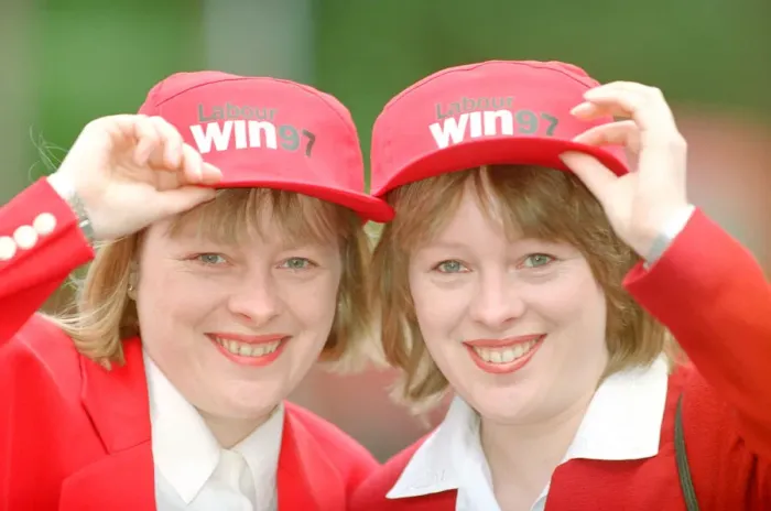 Framed Print : Angela Eagle (left) and her twin sister Maria (right), pictured in Liverpool, April 1997 Framed Print : Angela Eagle (left) and her twin sister Maria (right), pictured in Liverpool, April 1997