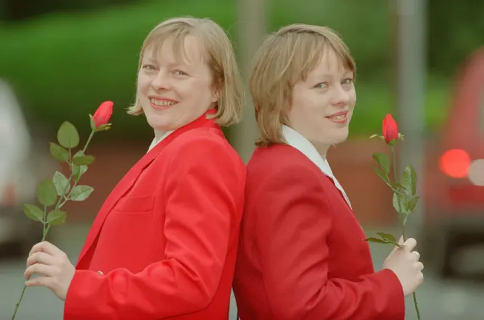 Framed Print : Angela Eagle (left) and her twin sister Maria (right), pictured in Liverpool, April 1997 Framed Print : Angela Eagle (left) and her twin sister Maria (right), pictured in Liverpool, April 1997
