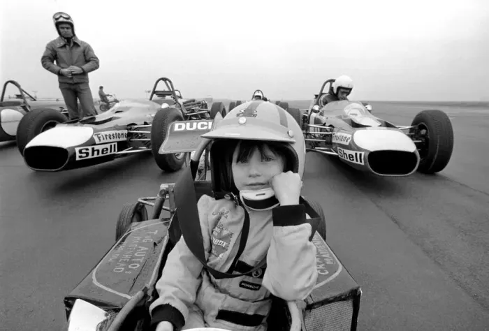 Framed Print : Angela four year old daughter of Ken James seen here at the wheel of her miniature petrol