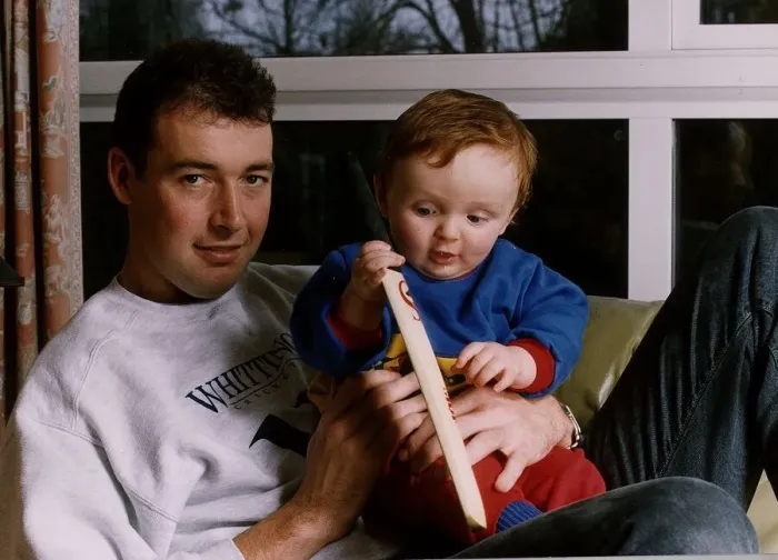 Framed Print : Angus Fraser cricketer Middlesex and England fast bowler plays with son Dbase