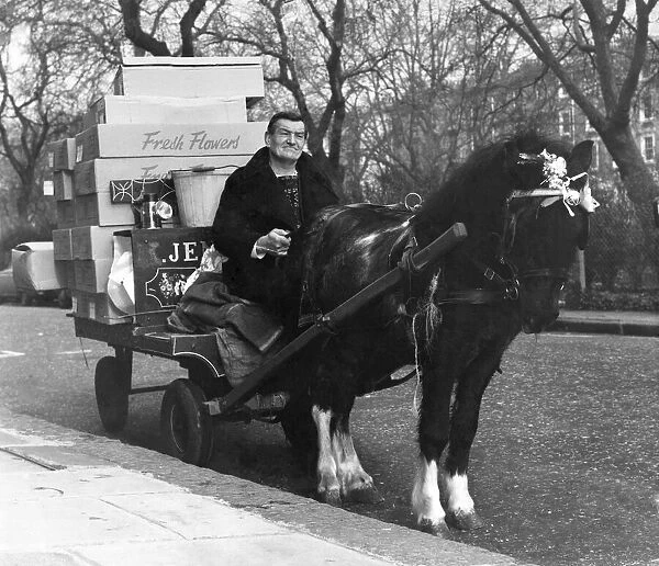 Animals: Horses: Flowers being delivered by horse and cart. December 1972 P004986