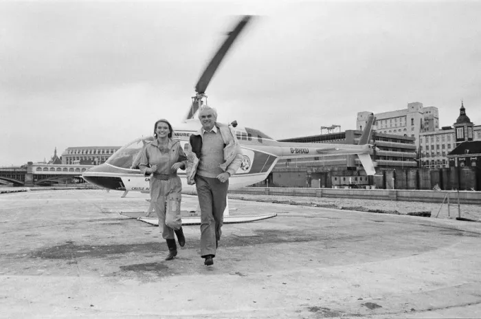 Framed Print : Anneka Rice, pictured in the television helicopter, near Blackfriars in London Framed Print : Anneka Rice, pictured in the television helicopter, near Blackfriars in London