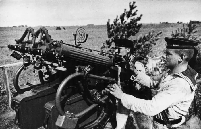 Framed Print : Anti aircraft gunners of the Russian Navy are seen on watch with their four barrel Framed Print : Anti aircraft gunners of the Russian Navy are seen on watch with their four barrel