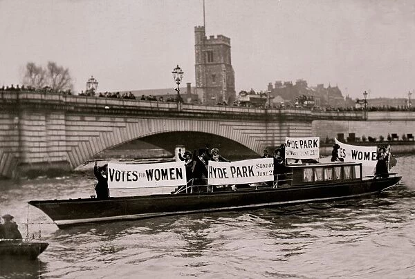 April 1908 Suffragettes launch boat at Putney Bridge London with notices announcing