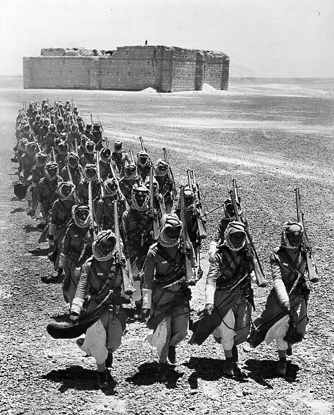 The Arab legion. Men of the Desert Patrol of the Arab Legion on the march through