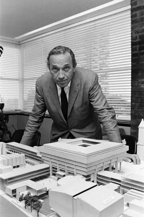 Framed Print : Architect John Madin with a model of the Civic Centre Development, Paradise Circus
