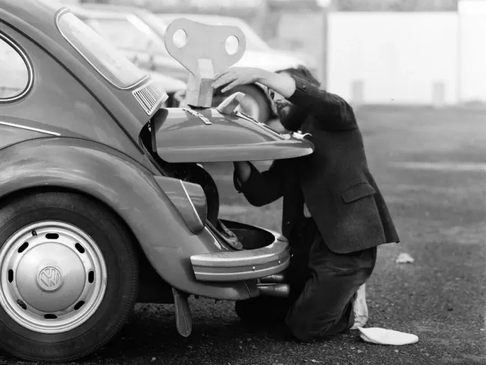 Framed Print : Architectural student Vic Lock, 26, of Kidderminster, winds up his 11-year-old Volkswagen Framed Print : Architectural student Vic Lock, 26, of Kidderminster, winds up his 11-year-old Volkswagen