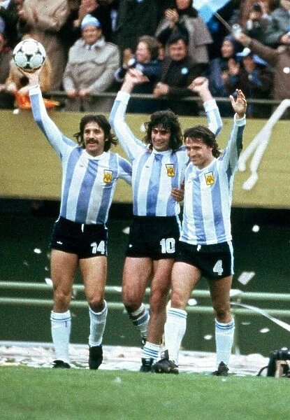 Argentina players (L - R) Luque, Kempes and Bertoni seen here celebrating their success