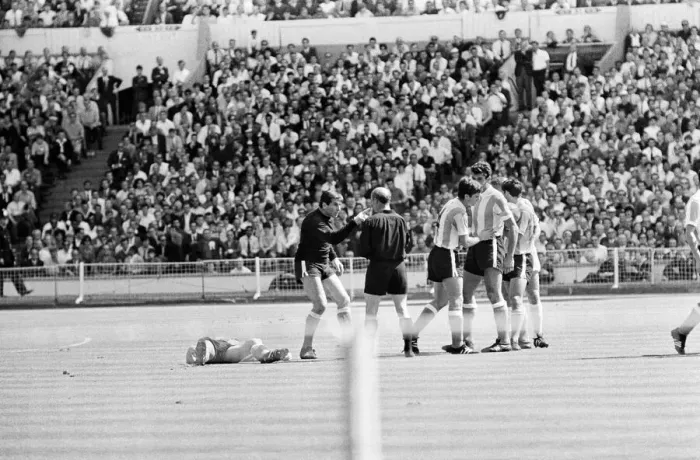 Framed Print : Argentina protest to referee Rudolph Kreitlin 1966 over Rattin being sent