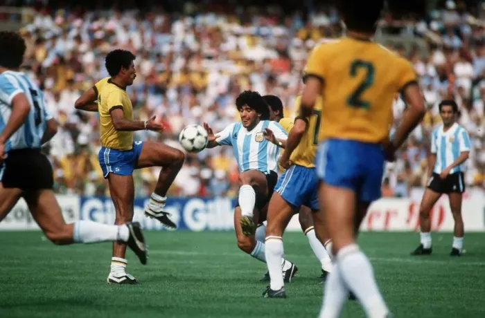 Framed Print : Argentina v Brazil World Cup 1982 football Maradona and Cerezo (left