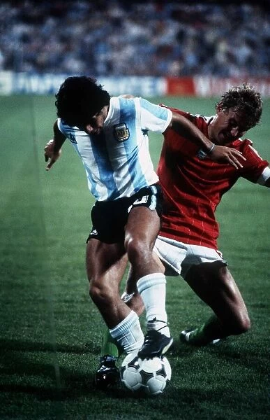 Argentina v Hungary World Cup 1982 football Maradona holds up the ball