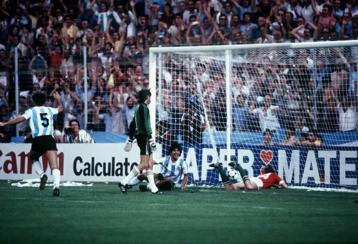 Framed Print : Argentina v Hungary World Cup 1982 football a floored Maradona smiles