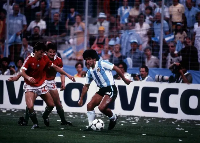 Framed Print : Argentina v Hungary World Cup 1982 football Maradona keeps the ball from Sallai 14