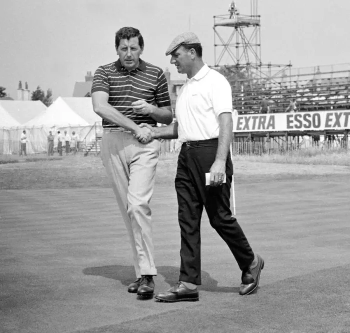 Framed Print : Argentine golfer Roberto de Vicenzo (right) shakes hands with Hedley Muscroft after their Framed Print : Argentine golfer Roberto de Vicenzo (right) shakes hands with Hedley Muscroft after their
