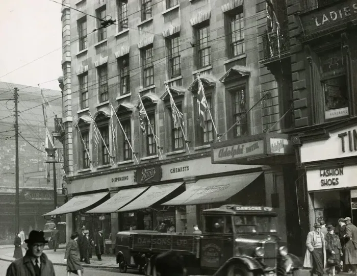 Framed Print : Argyle Street Glasgow April 1948 Boots chemists flags Framed Print : Argyle Street Glasgow April 1948 Boots chemists flags